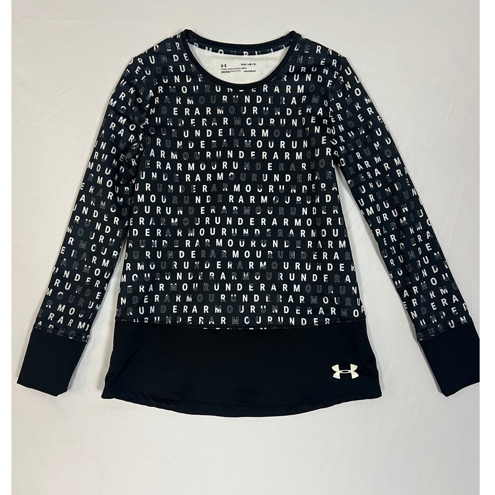Under Armour Girls ColdGear Fitted Long Sleeve Shirt Black White Logo Print YLG